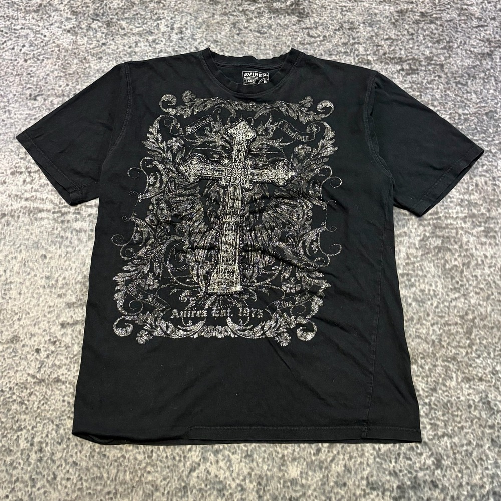 Vintage Avirex T Shirt Mens Large Black Cross Y2K Grunge Goth Skater